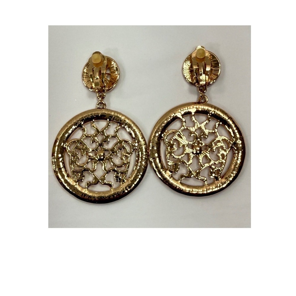 Gold Tone Clip On Earrings Round Dangle Sparkling Rhinestones Jewelry - Picture 2 of 3